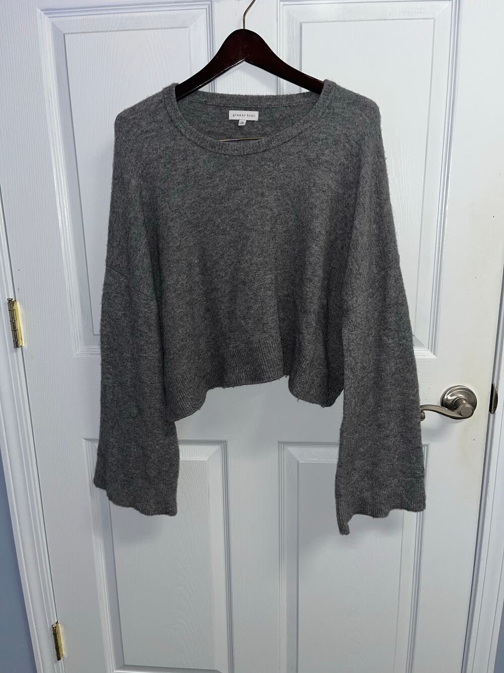 Gianni Bini Gray Cropped Knit Crewneck Sweater Wool Alpaca Blend XL